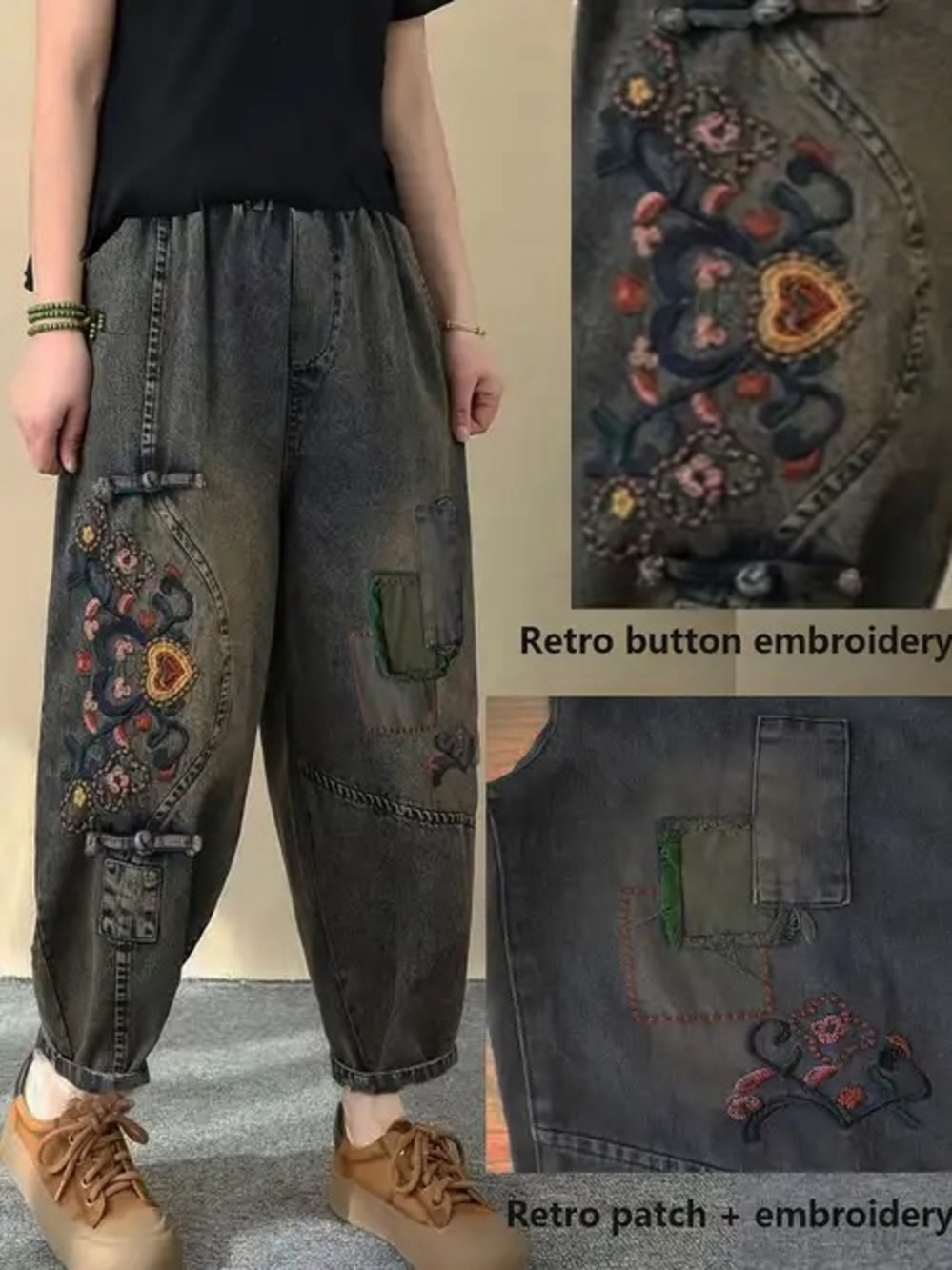Embroidered boho barrel jeans